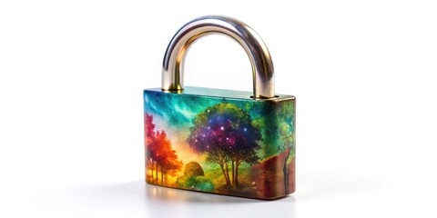 Surreal Padlock Photography: Isolated White Background, Dreamlike Locks, Fantasy Keyhole, Magical Metal, Abstract Security, Mystery Object, Whimsical Padlock Image