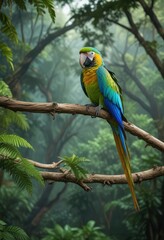 Obraz premium A stunning blue and green macaw perches on a curved branch in the heart of the rainforest, tree top dwelling , natural habitat, lush canopies