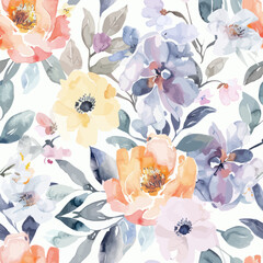 Cute floral pattern, with pastel colors, large flowers, and small leaves watercolor seamless pattern. Watercolor print in rustic vintage style, textile or wallpapers.