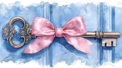 Antique Key with Pink Ribbon Watercolor Painting