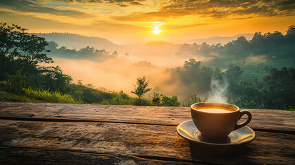 Serene sunrise over misty hills with a steaming cup of coffee on a wooden table in the foreground