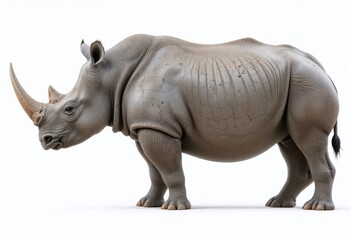 Obraz premium Powerful rhinoceros showcasing its thick, textured skin, stands majestically against a clean white background.