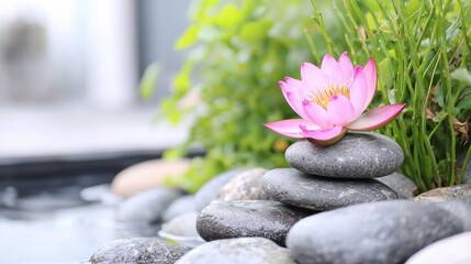Fototapeta premium Pink lotus flower on stones, tranquil garden, peaceful scene, spa background