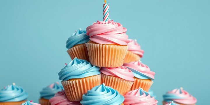 A towering stack of vanilla cupcakes with alternating swirls of blue and pink frosting topped with a sprinkle-covered candle, whimsical decor, , colorful frosting