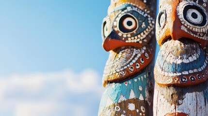 Naklejka premium Colorful Tribal Totem Poles Against a Bright Blue Sky Cultural Symbolism and Artistic Heritage : Generative AI