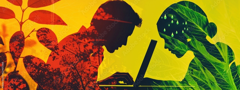 Aufkleber digital communication and connection concept with nature elements in bright colorful silhouette desi