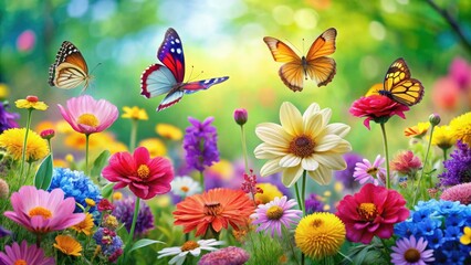 Fototapeta premium A vibrant and playful scene of a garden full of bright flowers and butterflies, landscape, wildlife, flowers, playful, nature