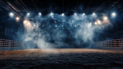 Smoky, dimly lit arena with wooden rails.