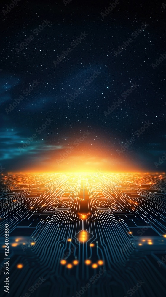 Poster abstract digital landscape with circuit patterns and bright light horizon in cosmic background