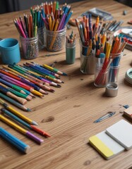 Naklejka premium A vibrant still life of art supplies on a wooden table, brushes, artistic