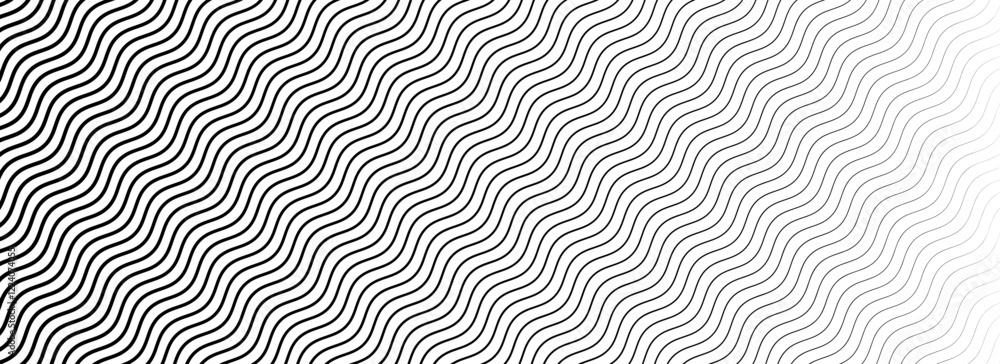 Poster Black wavy texture gradient. Wave line pattern wallpaper. Fading curved linear halftone gradation. Zig zag stripe background. Vector