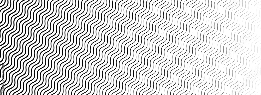 Aufkleber Black curve texture gradient. Wave line pattern wallpaper. Fading wavy linear halftone gradation. Thin to thick zigzag stripe background. Vector