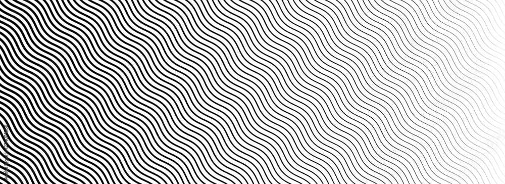 Poster Black wavy texture gradient. Wave line pattern wallpaper. Fading curved linear halftone gradation. Zig zag stripe background . Vector