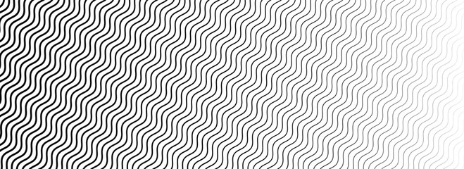 Naklejka premium Black curve texture gradient. Wave line pattern wallpaper. Fading wavy linear halftone gradation. Thin to thick zigzag stripe background. Vector