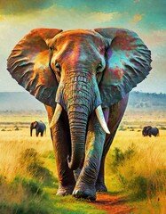 Fototapeta premium A vibrant portrayal of animals, from domestic pets like cats and dogs to majestic wildlife like lions, elephants, and monkeys.