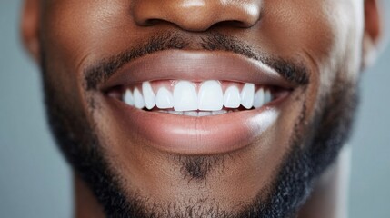Fototapeta premium Close-up view highlighting a man's bright white smile, representing joy and confidence against a neutral background