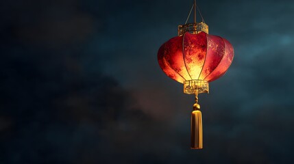 Obraz premium Vibrant lantern illuminating dark background, traditional decorative element radiating warmth and culture, ideal for festive themes.