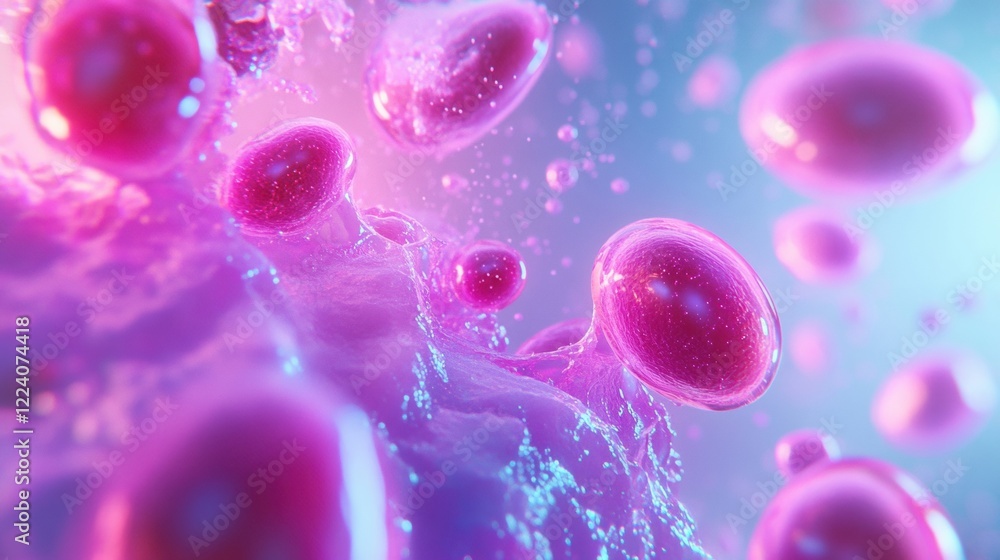Poster bright purple glowing cells float in a serene environment, capturing attention with their vibrant lu