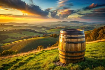 A whiskey barrel standing alone on a hill overlooking a serene landscape, hills, peaceful atmosphere, outdoor scenery, wooden barrels