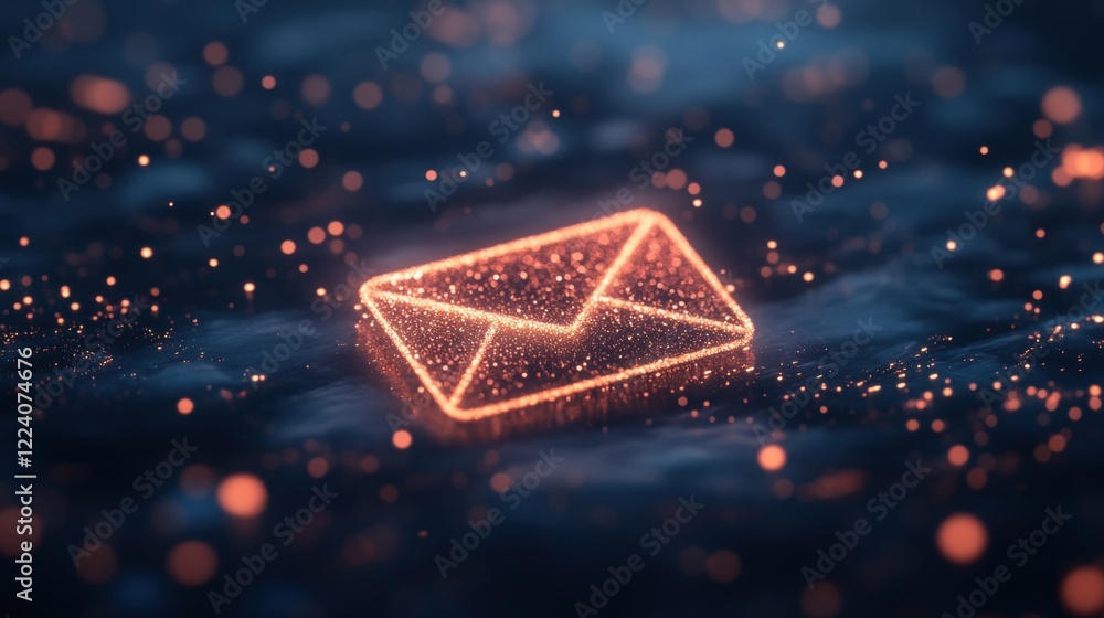 Poster a golden envelope radiates brightness in a cosmic setting filled with shimmering particles and dista