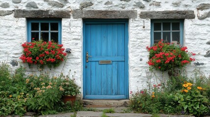 Charming Cottage with Blue Door and Flower Boxes