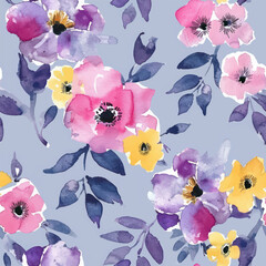 Cute floral pattern, large flowers in pink and purple tones on a light blue watercolor seamless pattern. Watercolor print in rustic vintage style, textile or wallpapers.