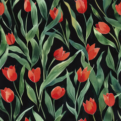 Obraz premium Cute tulips in red and green, with leaves on a black background. watercolor seamless pattern. Watercolor print in rustic vintage style, textile or wallpapers.