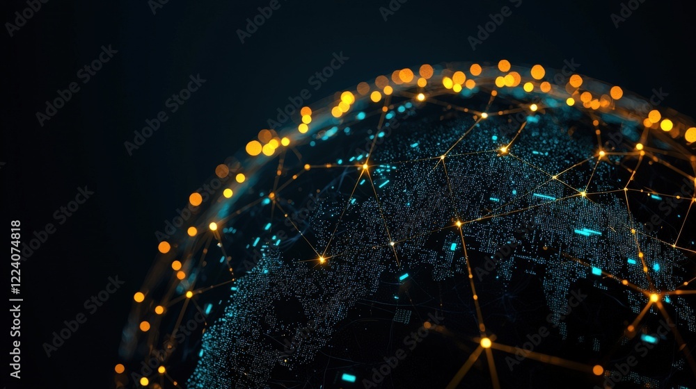 Poster detailed view of a digital globe with bright network connections and points of light on a dark backg