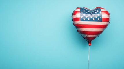 A heart-shaped balloon with a red, white, and blue design against a light blue background.