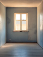 Minimalist Empty Room with Single Sunlit Window and Pale Blue Walls : Generative AI