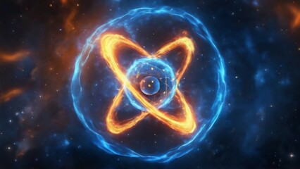 A vibrant digital illustration of an atom in space, surrounded by fiery flames and a dynamic color scheme.
