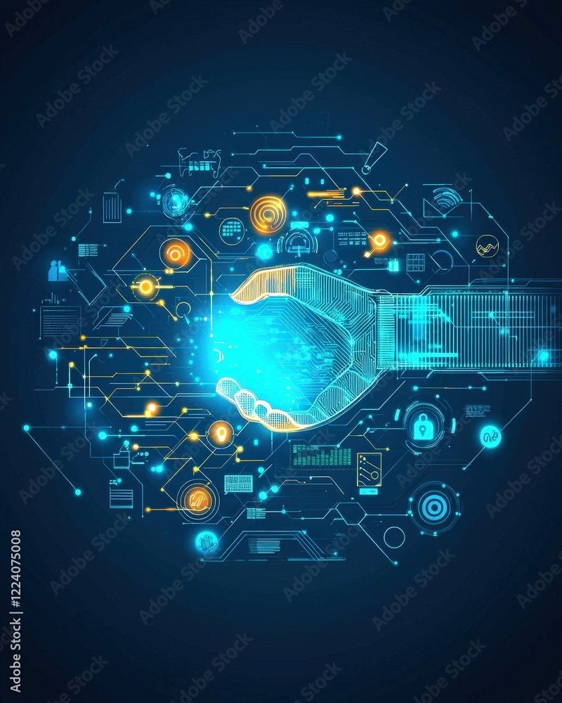 Poster digital hand reaching out with futuristic interface components and glowing tech elements in a dark b