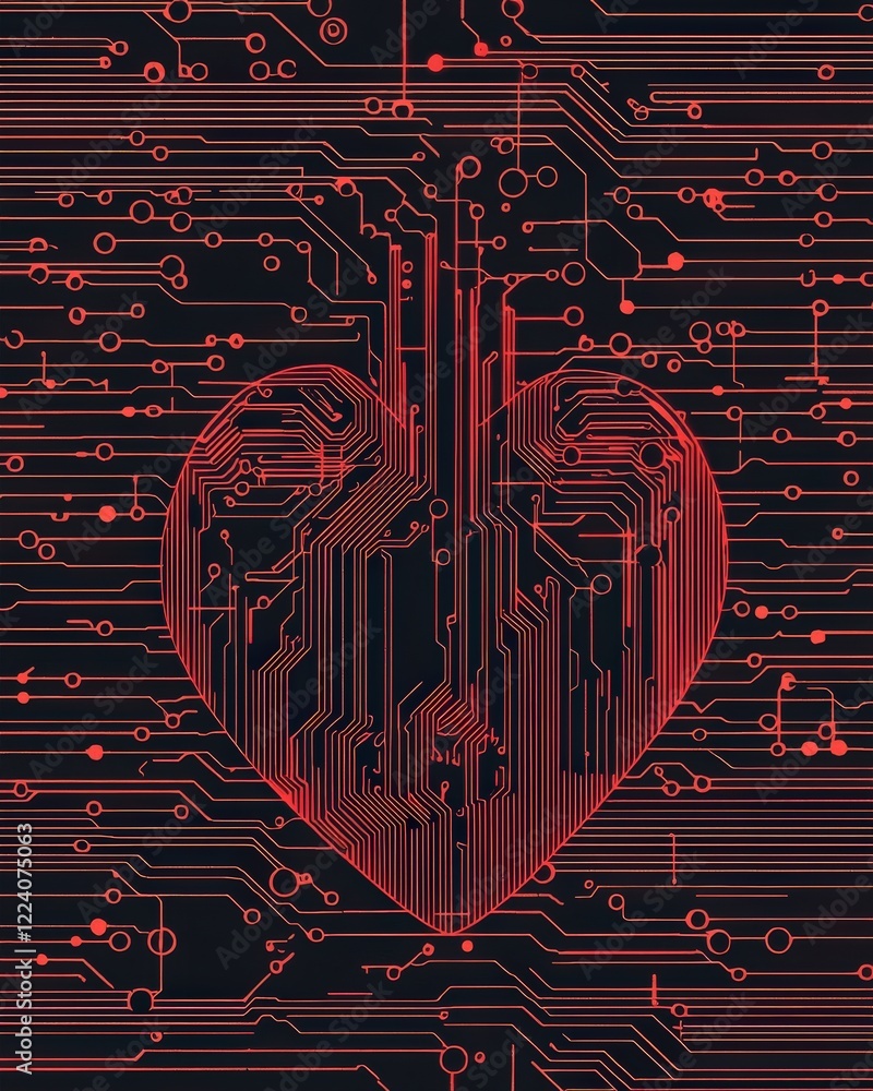 Poster red heart shape created with digital circuit patterns on black background for technology and love th