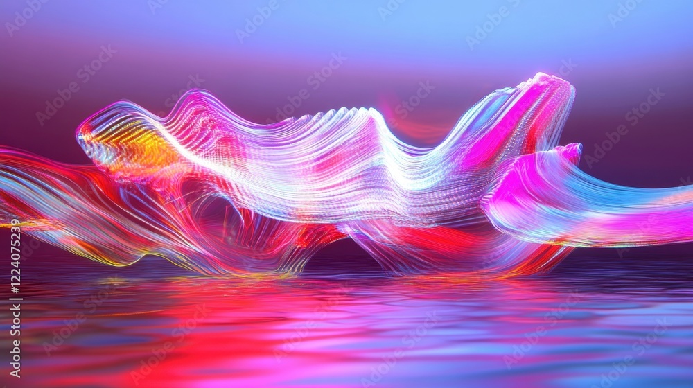 Poster colorful light trails intertwine on a reflective surface, creating a mesmerizing view like a futuris