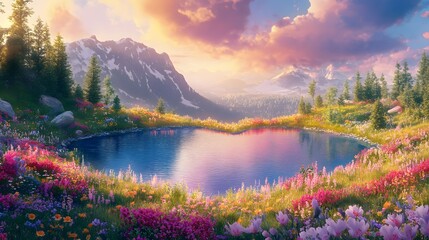 Serene landscape at dawn, vibrant flowers by tranquil lake, majestic mountains in background, perfect for nature-themed projects.