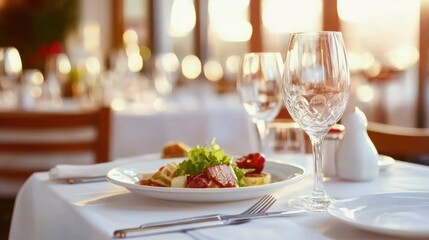 Fototapeta premium Gourmet meal beautifully plated on a white tablecloth, accompanied by wine glasses and soft natural light from sunset