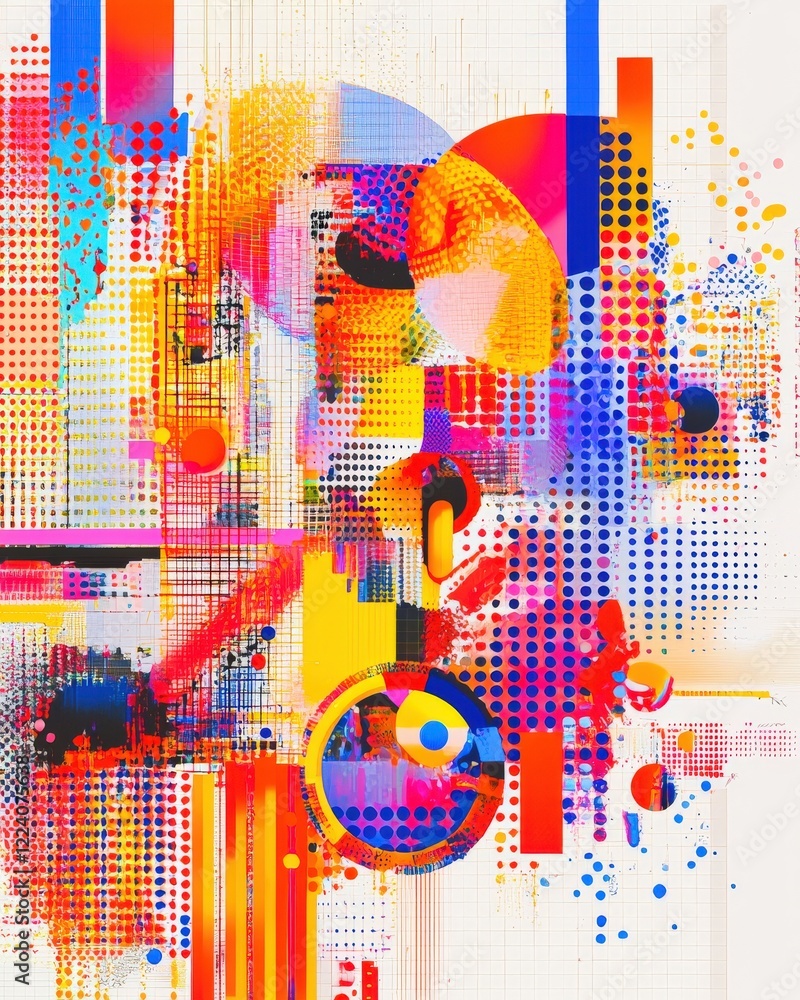Poster vibrant abstract composition with geometric shapes and colorful patterns for creative designs and ar