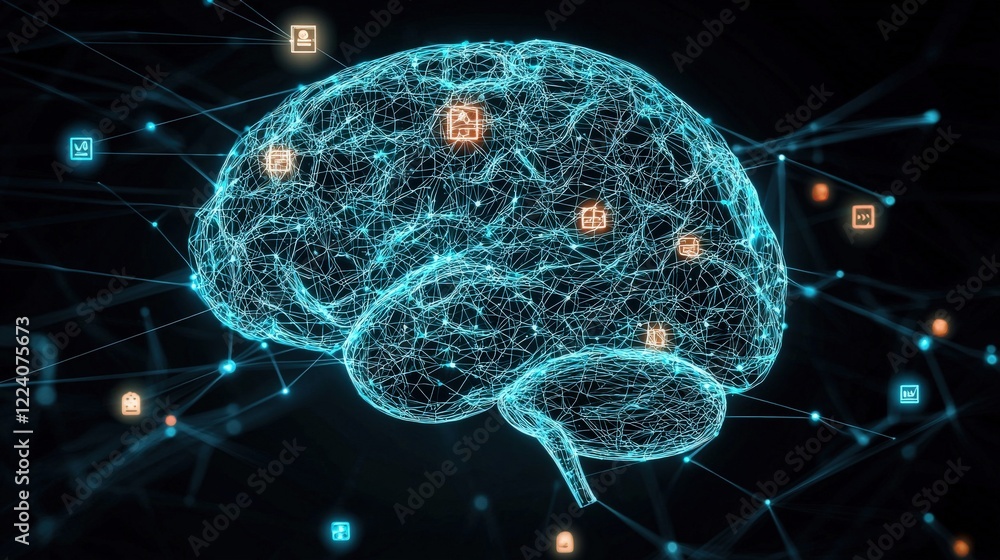 Poster futuristic digital brain with connections and icons representing data, technology, and intelligence 
