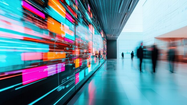 Futuristic Digital Display in Modern Urban Environment with People Walking and Colorful Light Trails