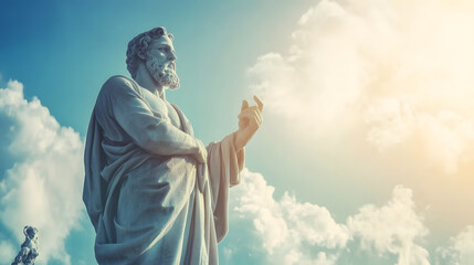 Fototapeta premium Serene Statue Extending Hand to the Sky Set Against Bright Cloudy Horizon : Generative AI