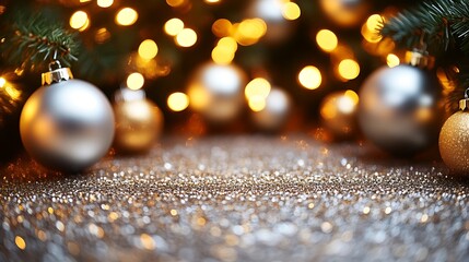Fototapeta premium Festive Silver Ornaments Glitter Lights Christmas Decor