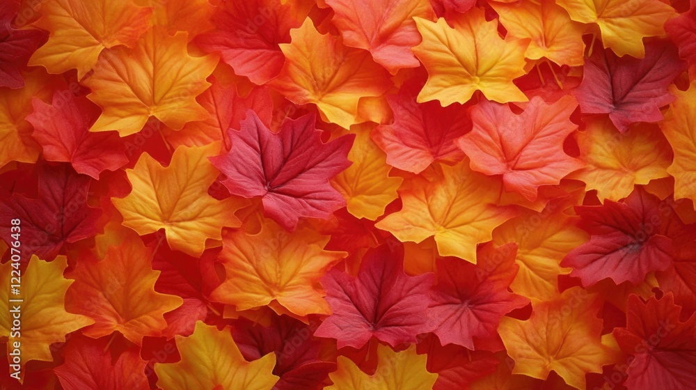 Poster a close up of many fake leaves in various shades of orange and red. the leaves are arranged in a way