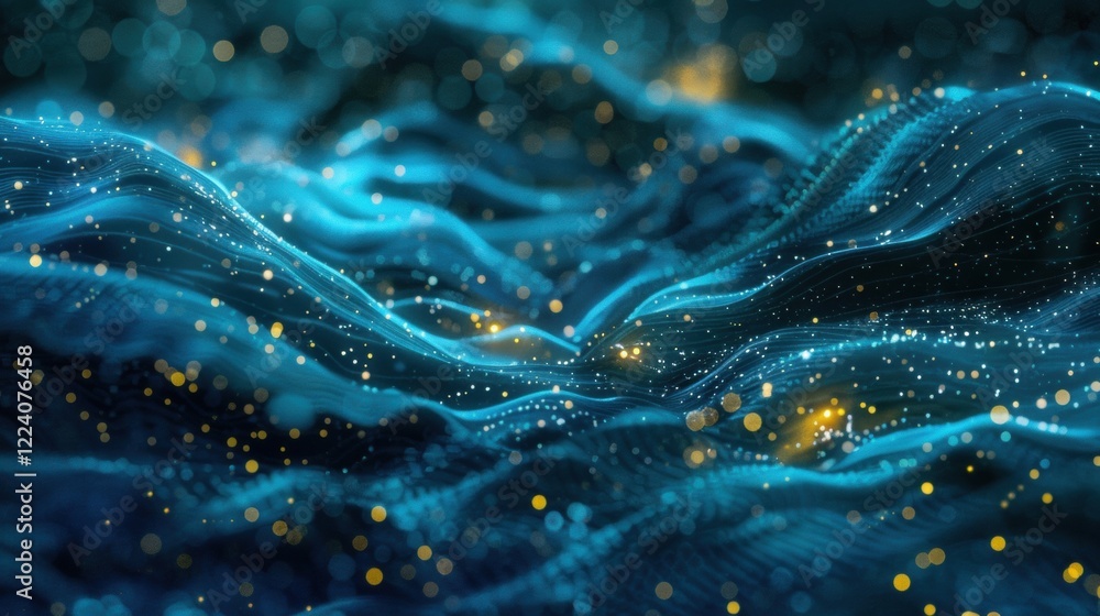 Poster digital waves undulate with glowing dots, producing a captivating array of movement and color in a t