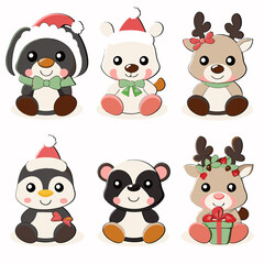 Six adorable Christmas animals penguin, polar bear, reindeer, panda.