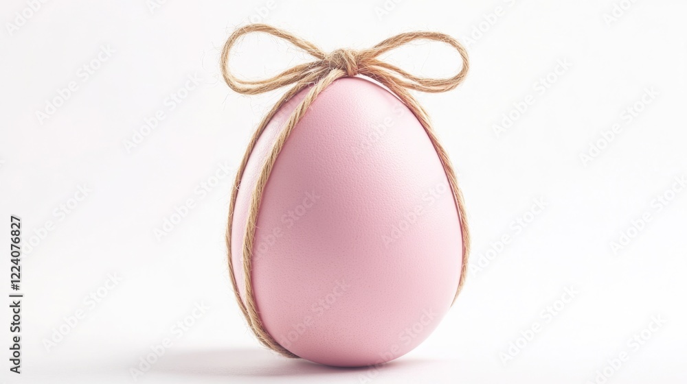 Poster a pink egg with a string tied around it. the egg is tied to a white background. concept of playfulne