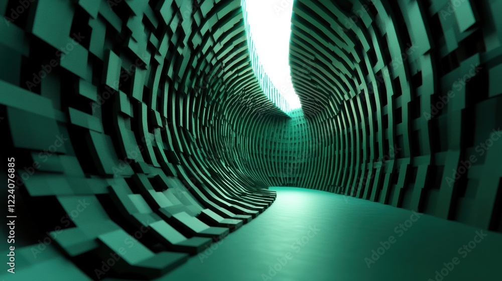 Poster curved green geometric patterns form a tunnel effect illuminated by soft light, creating a captivati