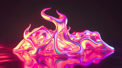Obraz premium Reflective holographic 3D fire in Y2K style. Shiny metallic fluid surface with neon rainbow gradient. Trendy element for retro-futuristic and cyber-themed designs.