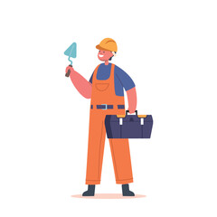 Kid Wear Builder Suit Holding Toolbox and Trowel, Little Boy Character Choose Future Profession and Career, Imagine
