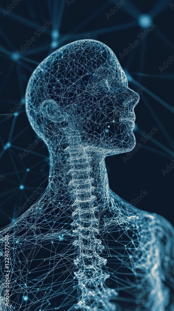Poster detailed abstract representation of human anatomy with network of lines and connections in dark back