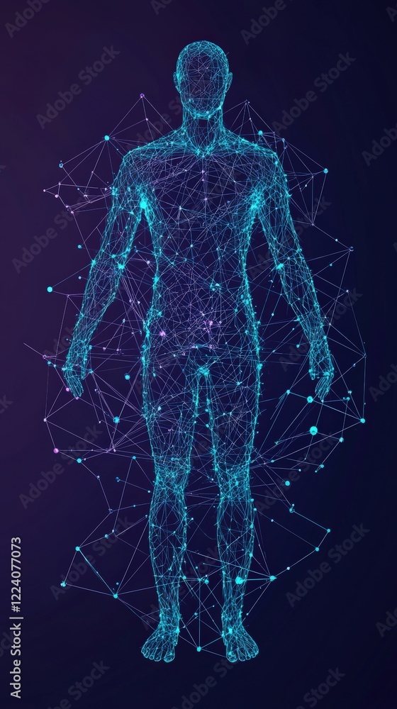 Poster futuristic human figure constructed from network of lines and dots on dark background in neon blue c